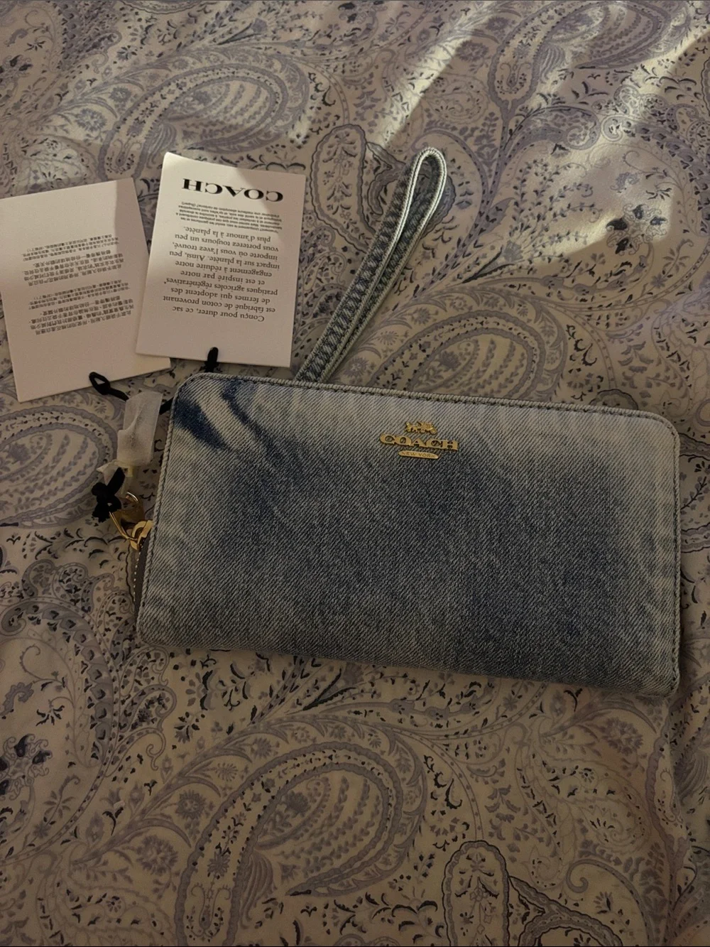 Coach Light Blue Loved Denim Large Full Zip Wallet with Gold Logo